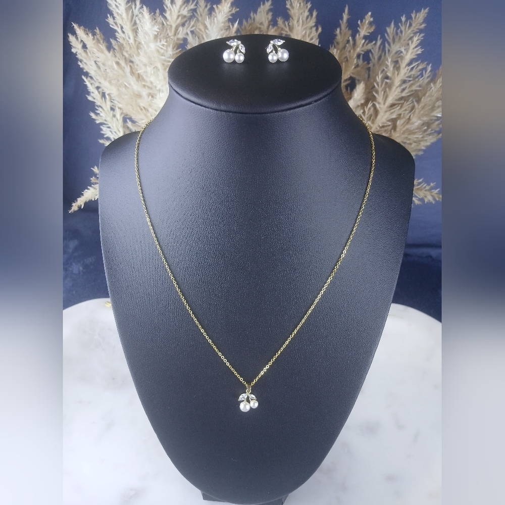 Delicate Gold Plated Pearl Drop Necklace and Earrings Set